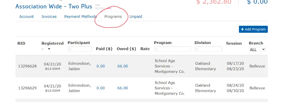 Online accounts page